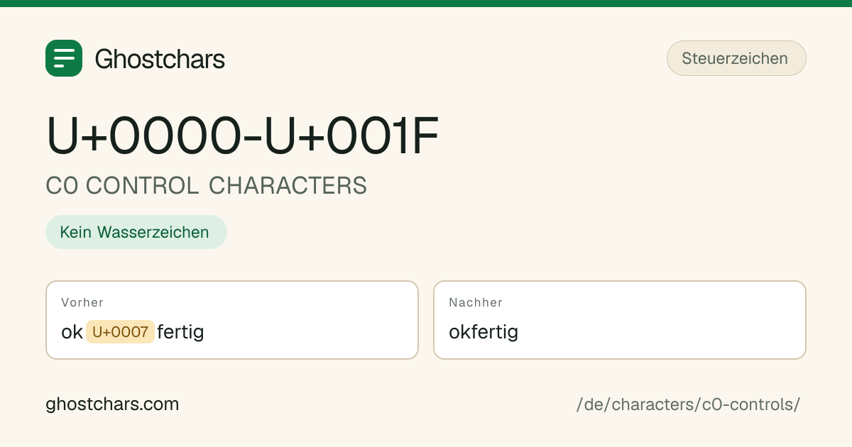 C0 CONTROL CHARACTERS (U+0000-U+001F) vor und nach dem Reinigen, das versteckte Zeichen als beschriftete Marke