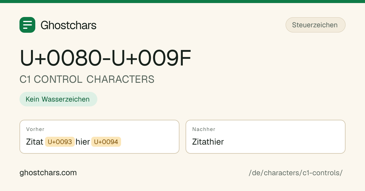 C1 CONTROL CHARACTERS (U+0080-U+009F) vor und nach dem Reinigen, das versteckte Zeichen als beschriftete Marke