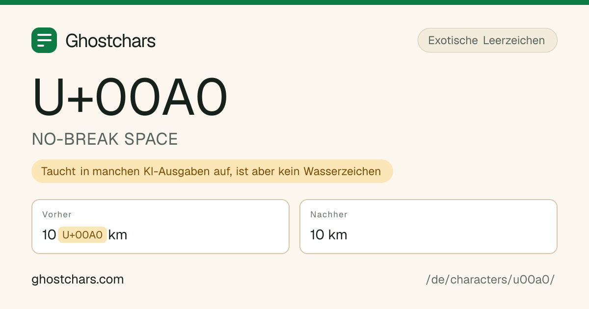 NO-BREAK SPACE (U+00A0) vor und nach dem Reinigen, das versteckte Zeichen als beschriftete Marke
