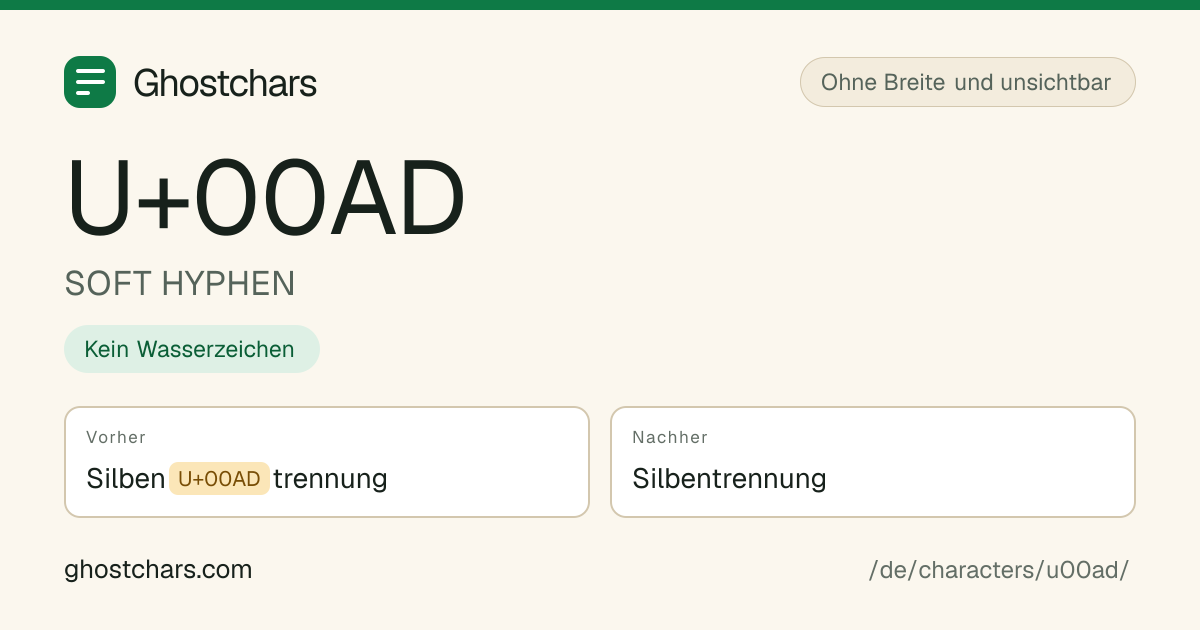SOFT HYPHEN (U+00AD) vor und nach dem Reinigen, das versteckte Zeichen als beschriftete Marke