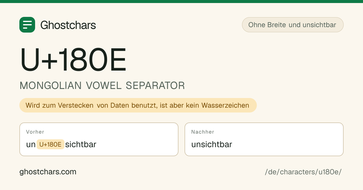 MONGOLIAN VOWEL SEPARATOR (U+180E) vor und nach dem Reinigen, das versteckte Zeichen als beschriftete Marke