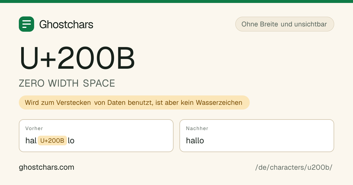 ZERO WIDTH SPACE (U+200B) vor und nach dem Reinigen, das versteckte Zeichen als beschriftete Marke