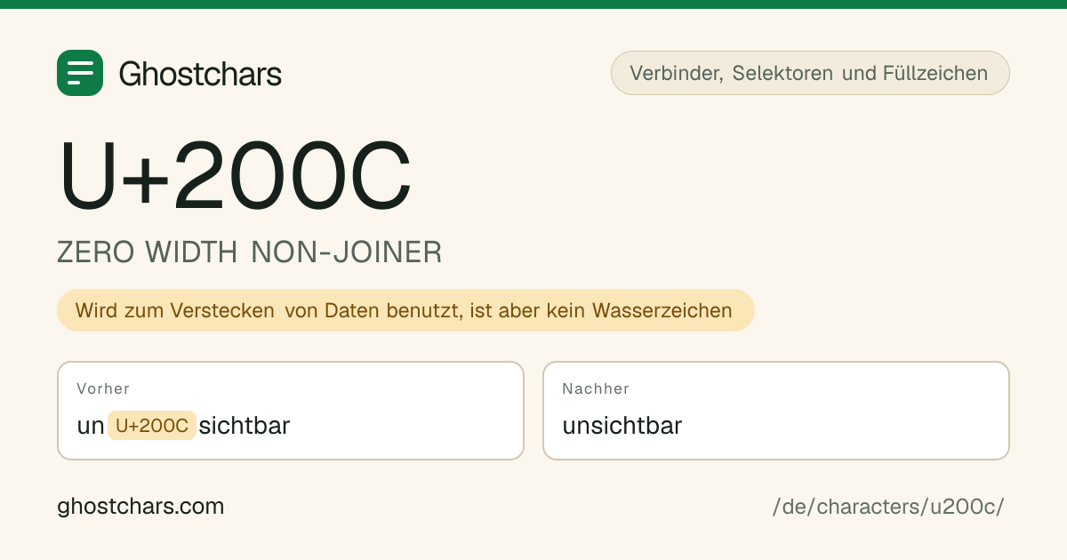 ZERO WIDTH NON-JOINER (U+200C) vor und nach dem Reinigen, das versteckte Zeichen als beschriftete Marke
