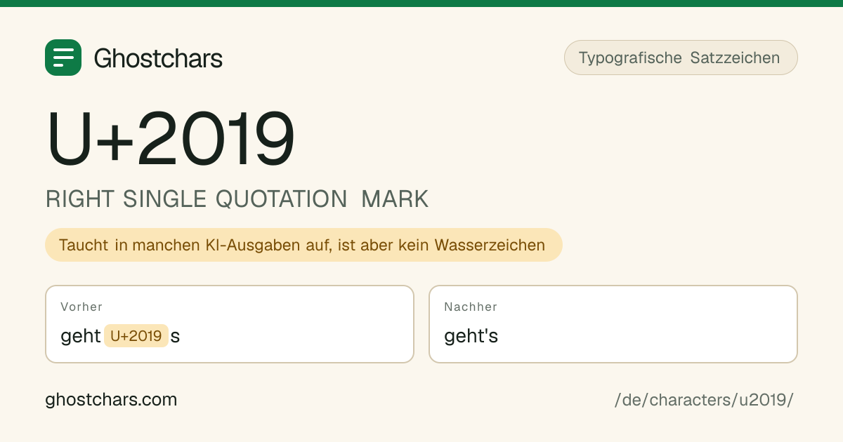 RIGHT SINGLE QUOTATION MARK (U+2019) vor und nach dem Reinigen, das versteckte Zeichen als beschriftete Marke