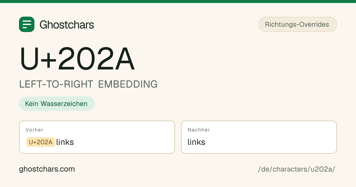 LEFT-TO-RIGHT EMBEDDING (U+202A) vor und nach dem Reinigen, das versteckte Zeichen als beschriftete Marke