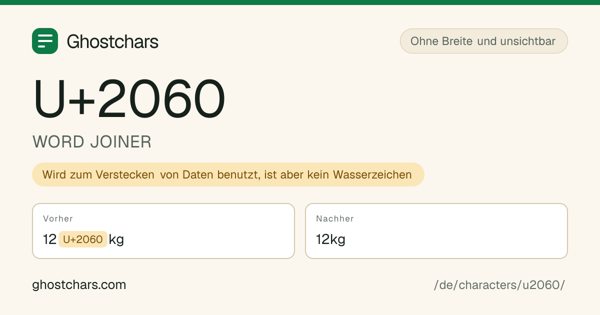 WORD JOINER (U+2060) vor und nach dem Reinigen, das versteckte Zeichen als beschriftete Marke