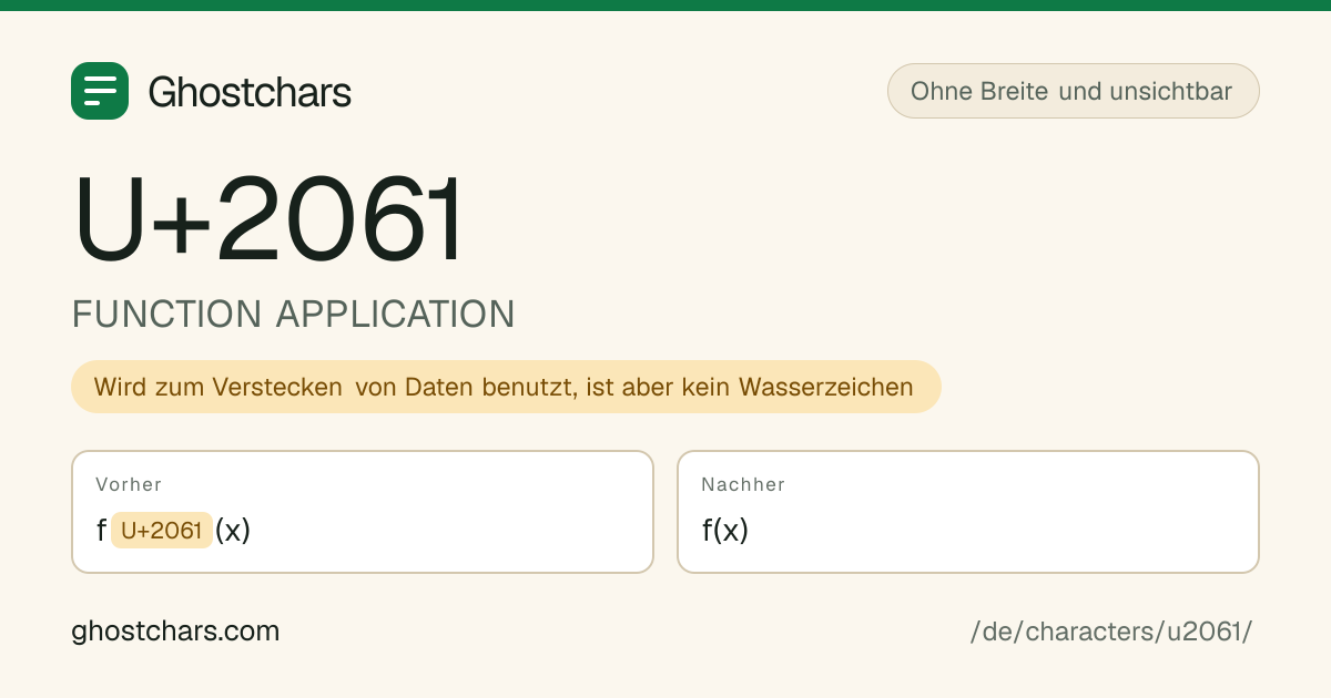FUNCTION APPLICATION (U+2061) vor und nach dem Reinigen, das versteckte Zeichen als beschriftete Marke