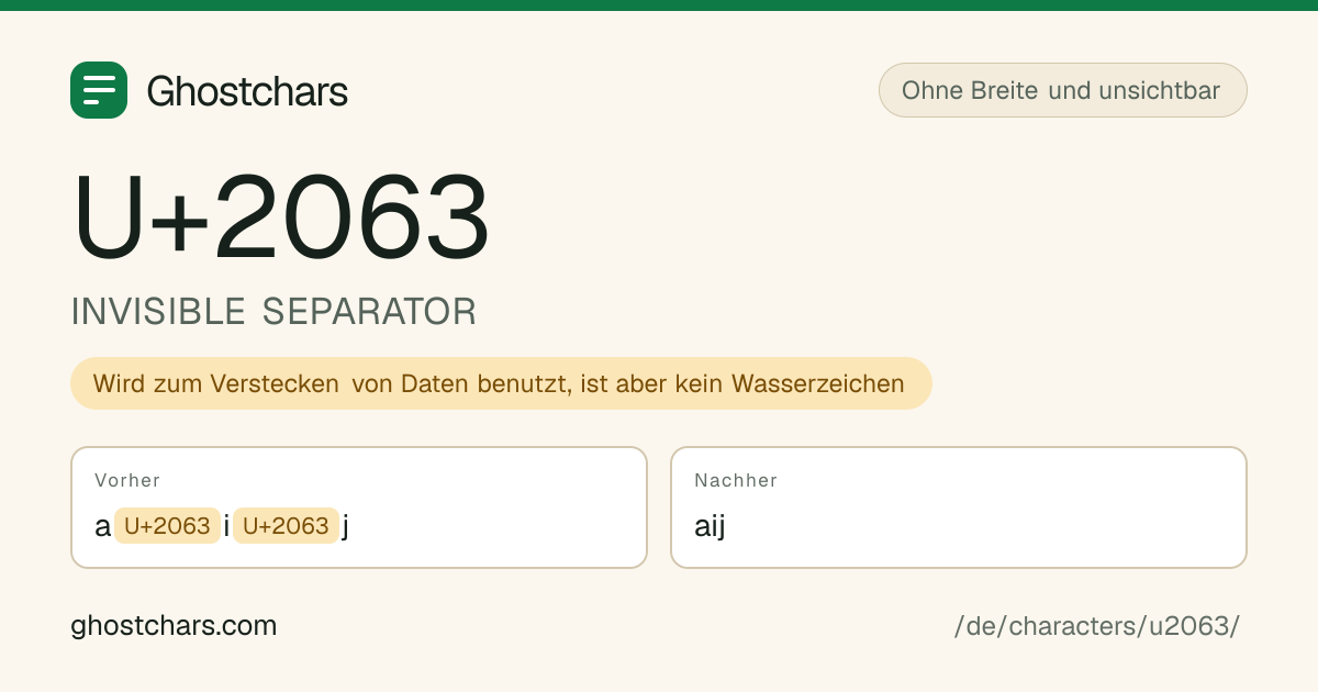 INVISIBLE SEPARATOR (U+2063) vor und nach dem Reinigen, das versteckte Zeichen als beschriftete Marke