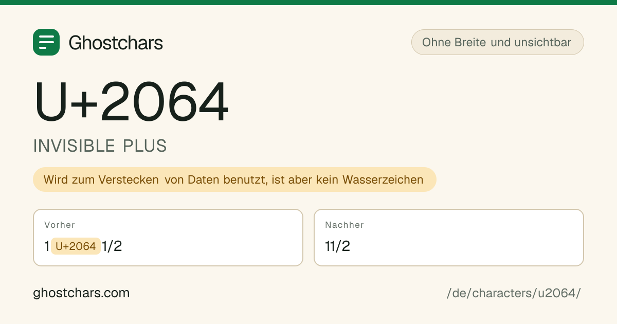 INVISIBLE PLUS (U+2064) vor und nach dem Reinigen, das versteckte Zeichen als beschriftete Marke