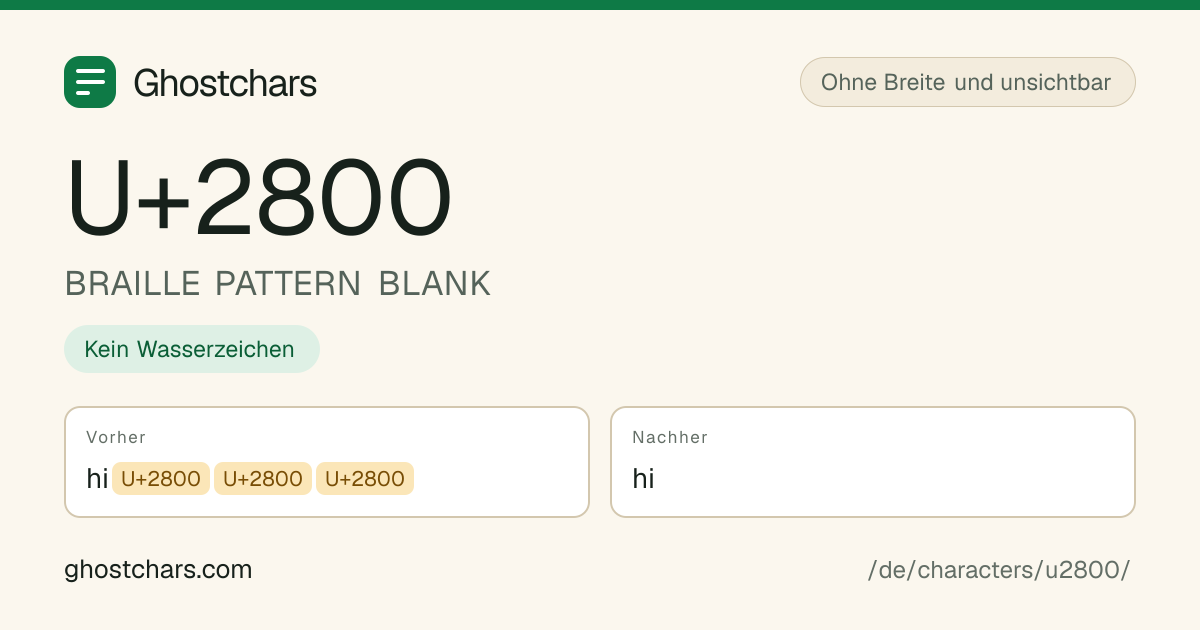 BRAILLE PATTERN BLANK (U+2800) vor und nach dem Reinigen, das versteckte Zeichen als beschriftete Marke