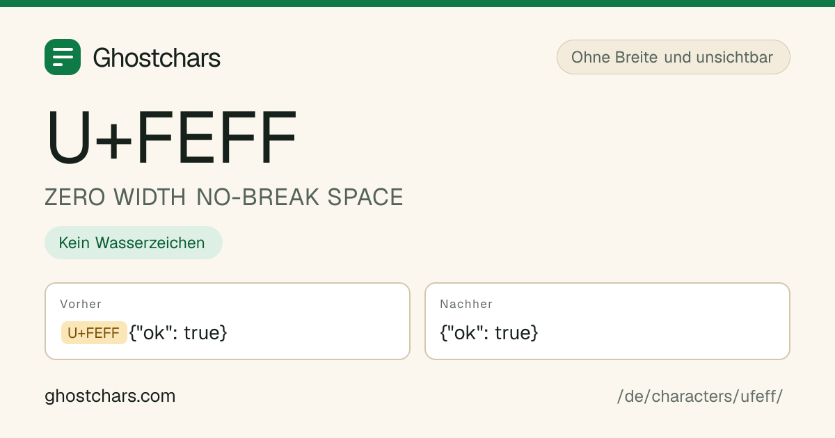 ZERO WIDTH NO-BREAK SPACE (U+FEFF) vor und nach dem Reinigen, das versteckte Zeichen als beschriftete Marke