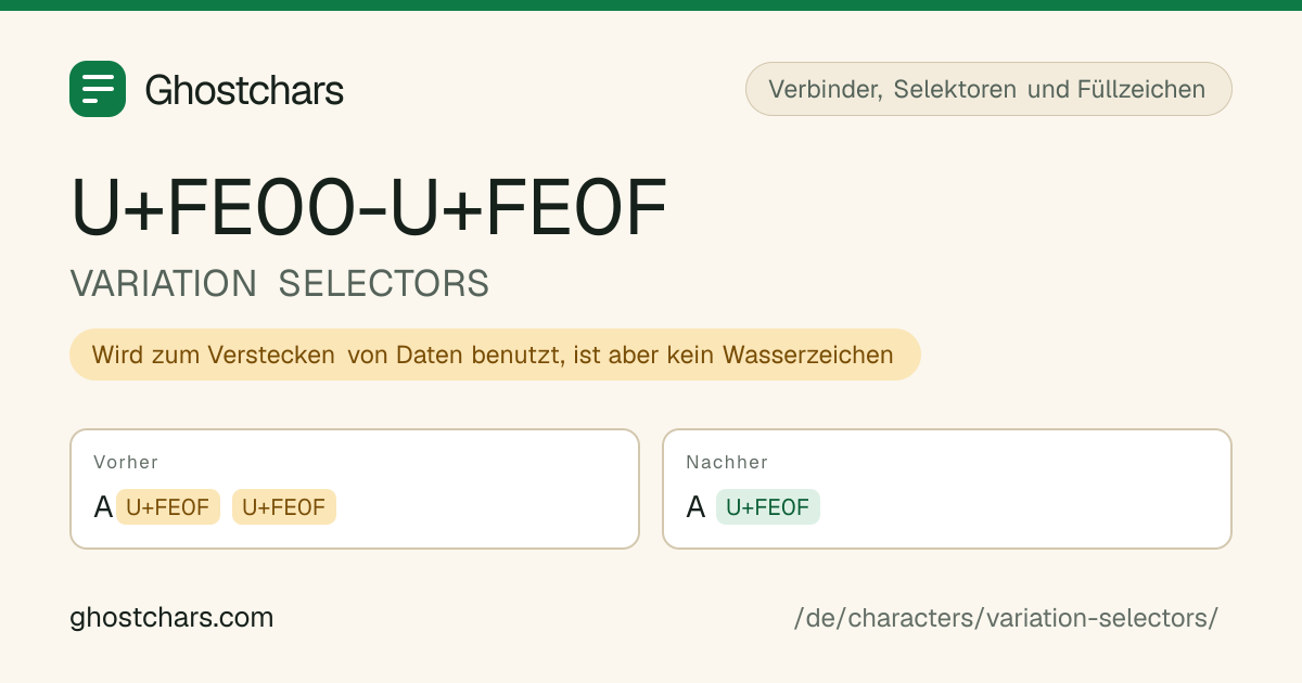 VARIATION SELECTORS (U+FE00-U+FE0F) vor und nach dem Reinigen, das versteckte Zeichen als beschriftete Marke