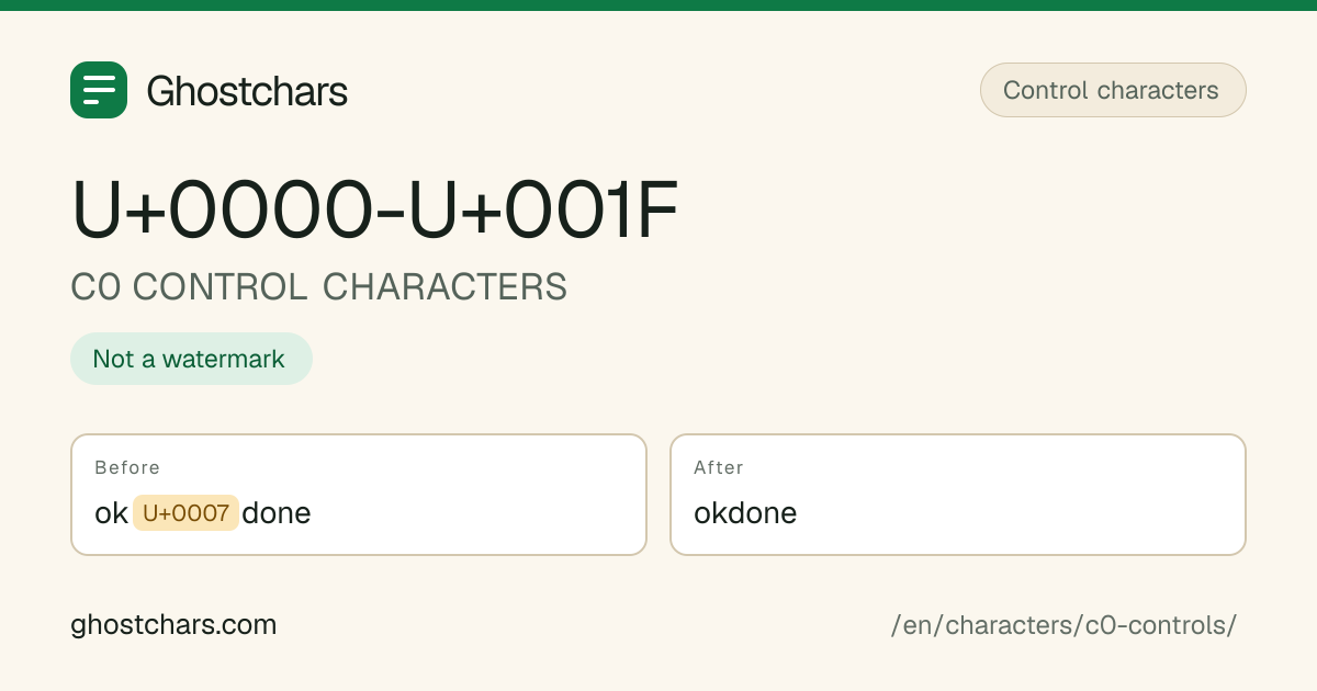 C0 CONTROL CHARACTERS (U+0000-U+001F) before and after cleaning, with the hidden character shown as a labelled chip