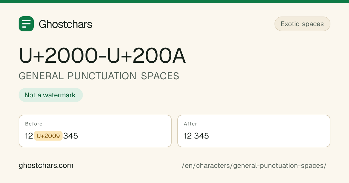 GENERAL PUNCTUATION SPACES (U+2000-U+200A) before and after cleaning, with the hidden character shown as a labelled chip