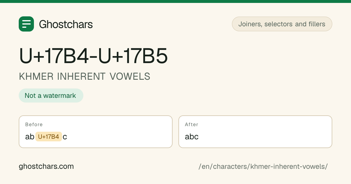 KHMER INHERENT VOWELS (U+17B4-U+17B5) before and after cleaning, with the hidden character shown as a labelled chip