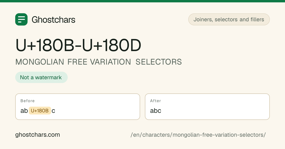 MONGOLIAN FREE VARIATION SELECTORS (U+180B-U+180D) before and after cleaning, with the hidden character shown as a labelled chip