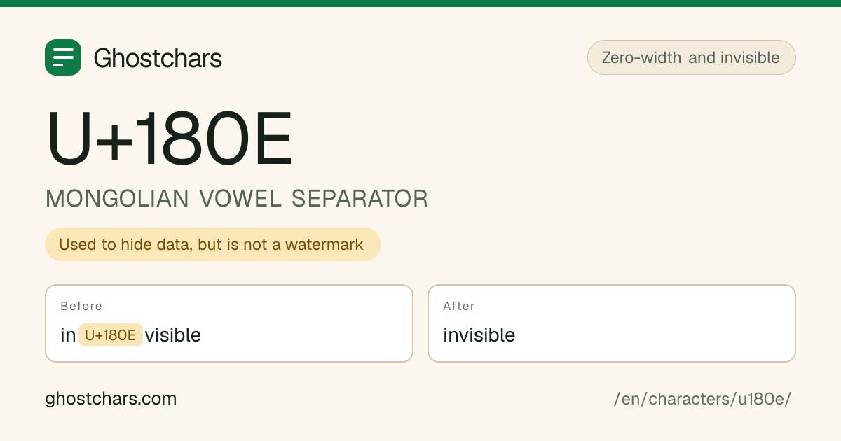 MONGOLIAN VOWEL SEPARATOR (U+180E) before and after cleaning, with the hidden character shown as a labelled chip