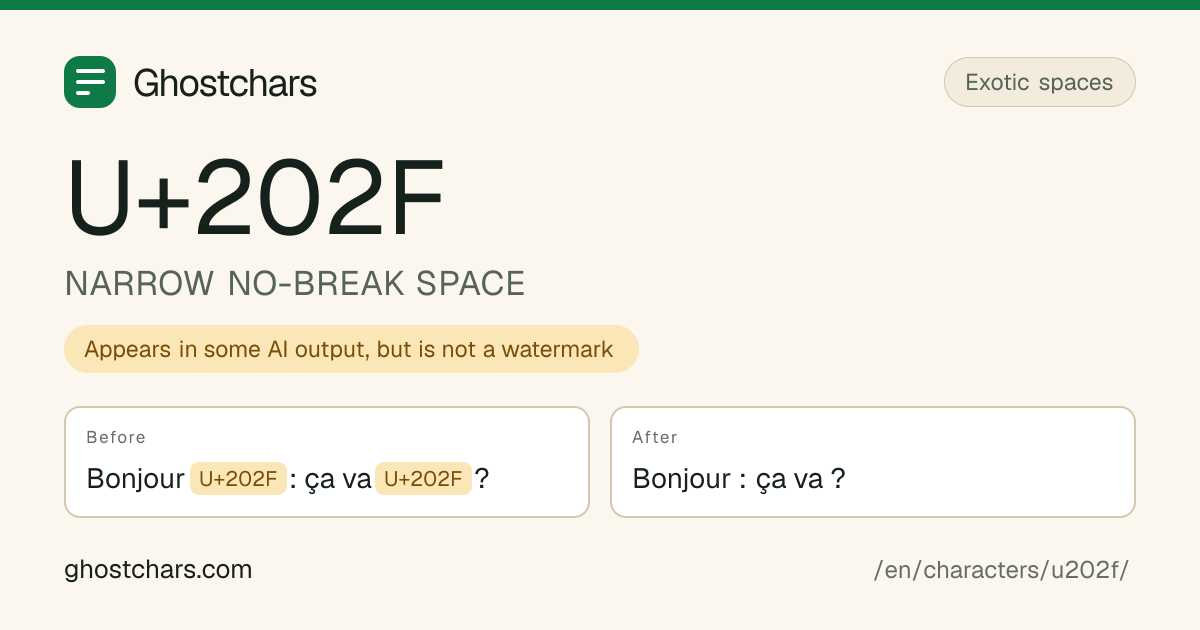 NARROW NO-BREAK SPACE (U+202F) before and after cleaning, with the hidden character shown as a labelled chip