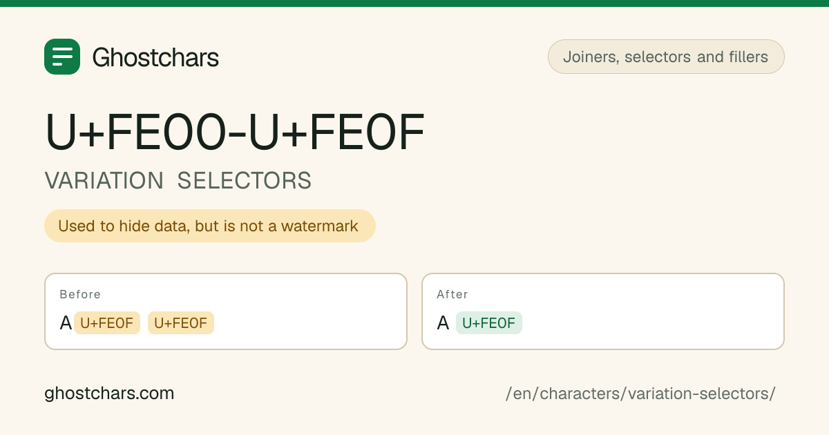 VARIATION SELECTORS (U+FE00-U+FE0F) before and after cleaning, with the hidden character shown as a labelled chip