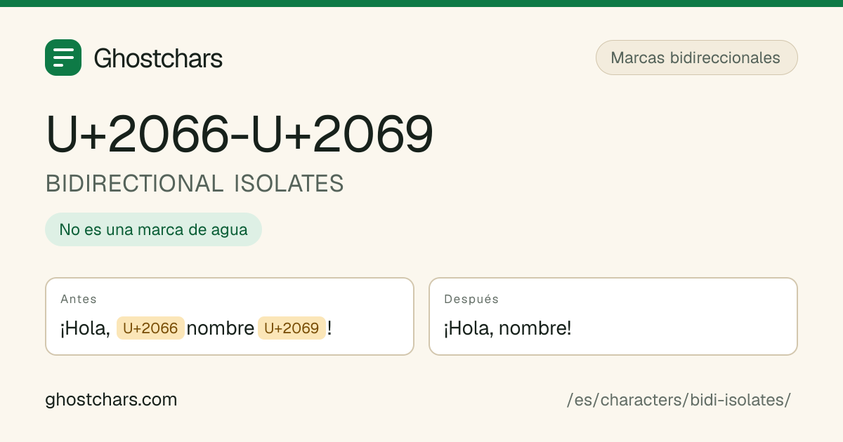 BIDIRECTIONAL ISOLATES (U+2066-U+2069) antes y después de la limpieza, con el carácter oculto mostrado como una etiqueta con nombre