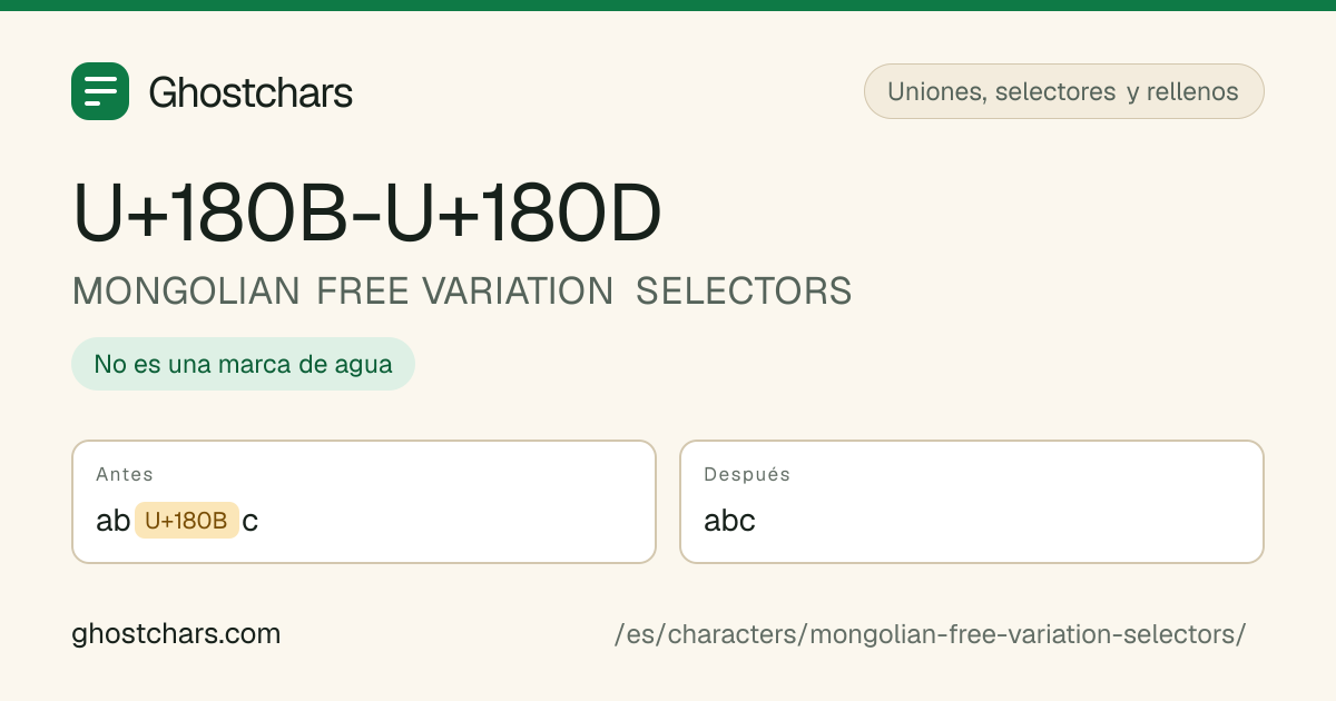 MONGOLIAN FREE VARIATION SELECTORS (U+180B-U+180D) antes y después de la limpieza, con el carácter oculto mostrado como una etiqueta con nombre
