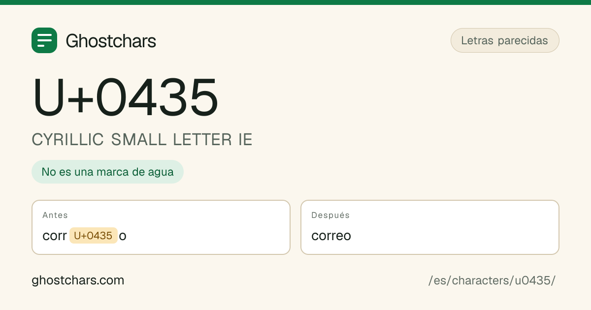 CYRILLIC SMALL LETTER IE (U+0435) antes y después de la limpieza, con el carácter oculto mostrado como una etiqueta con nombre