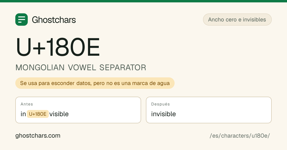 MONGOLIAN VOWEL SEPARATOR (U+180E) antes y después de la limpieza, con el carácter oculto mostrado como una etiqueta con nombre