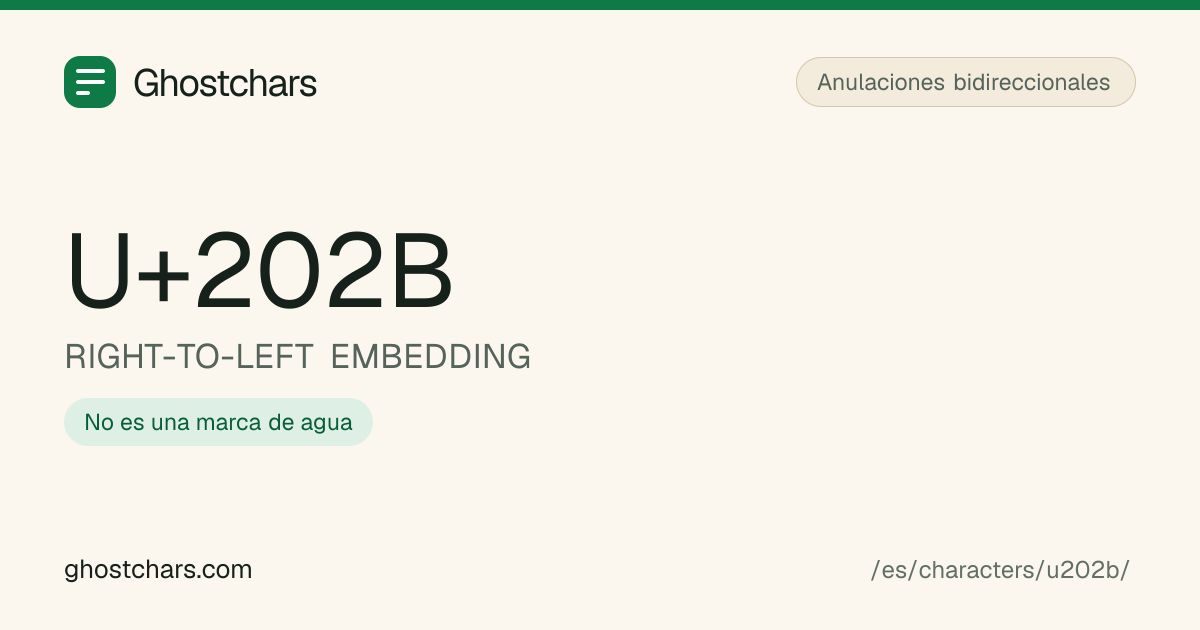 RIGHT-TO-LEFT EMBEDDING (U+202B) antes y después de la limpieza, con el carácter oculto mostrado como una etiqueta con nombre