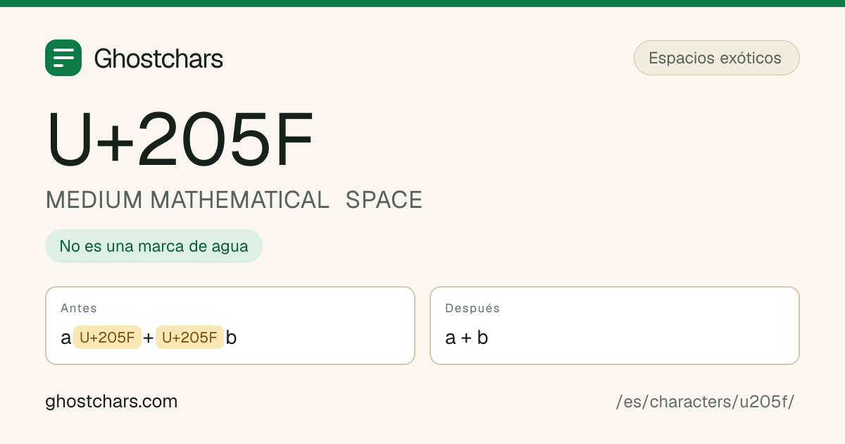 MEDIUM MATHEMATICAL SPACE (U+205F) antes y después de la limpieza, con el carácter oculto mostrado como una etiqueta con nombre