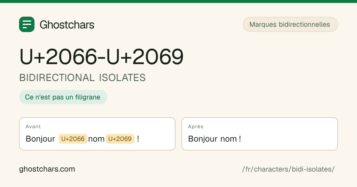 BIDIRECTIONAL ISOLATES (U+2066-U+2069) avant et après nettoyage, le caractère caché affiché sous forme de pastille étiquetée