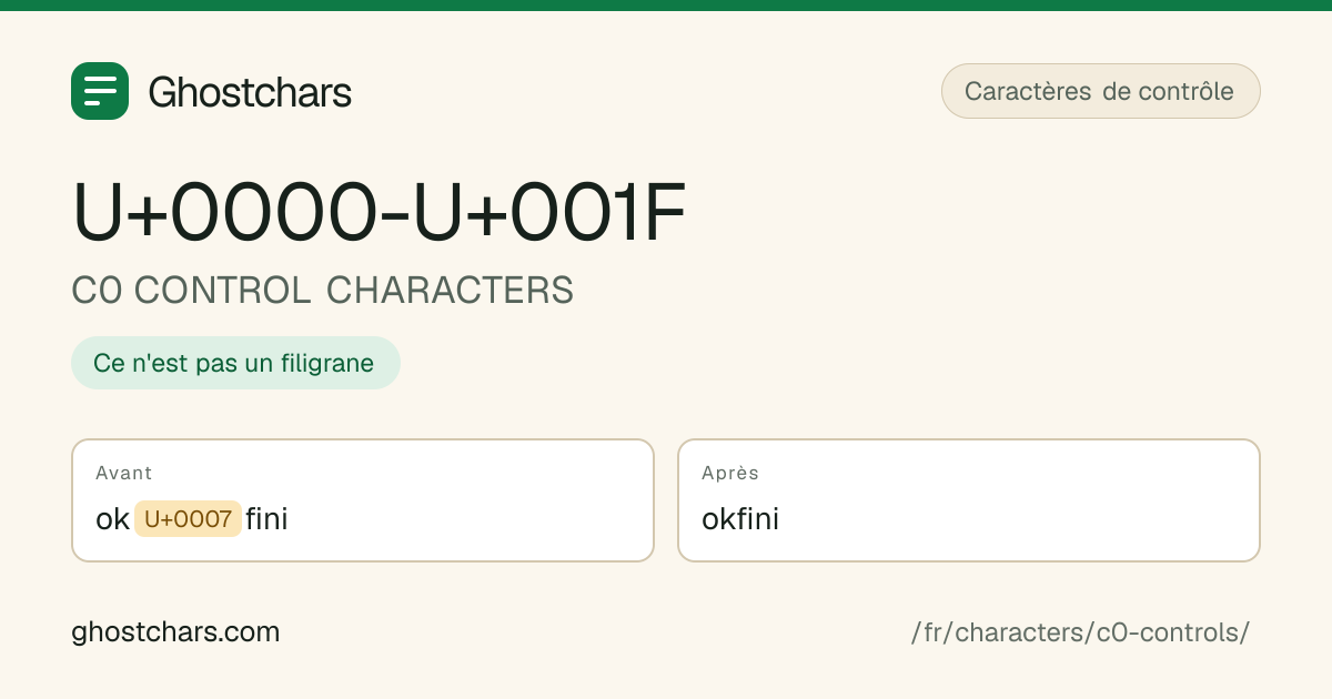 C0 CONTROL CHARACTERS (U+0000-U+001F) avant et après nettoyage, le caractère caché affiché sous forme de pastille étiquetée