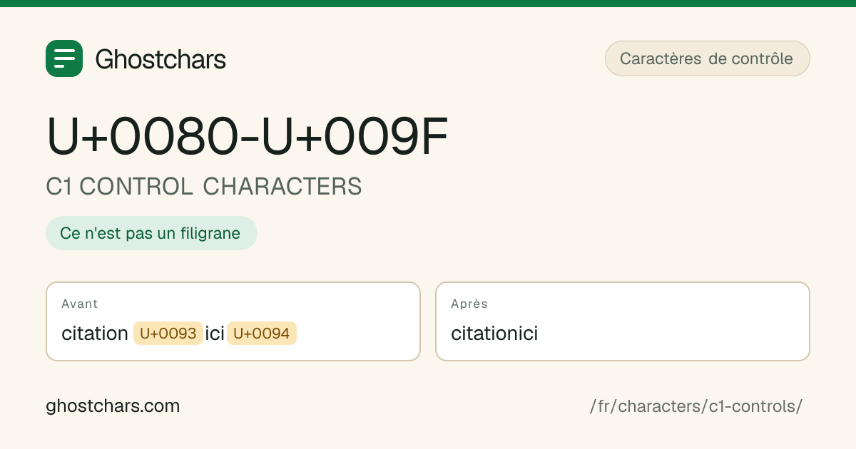 C1 CONTROL CHARACTERS (U+0080-U+009F) avant et après nettoyage, le caractère caché affiché sous forme de pastille étiquetée