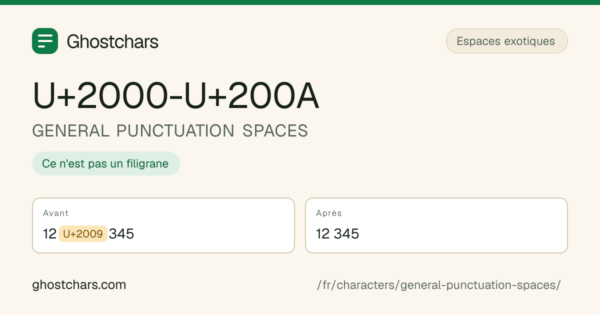 GENERAL PUNCTUATION SPACES (U+2000-U+200A) avant et après nettoyage, le caractère caché affiché sous forme de pastille étiquetée
