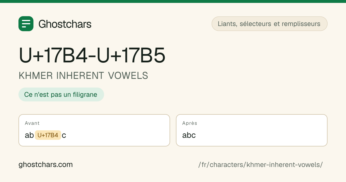 KHMER INHERENT VOWELS (U+17B4-U+17B5) avant et après nettoyage, le caractère caché affiché sous forme de pastille étiquetée