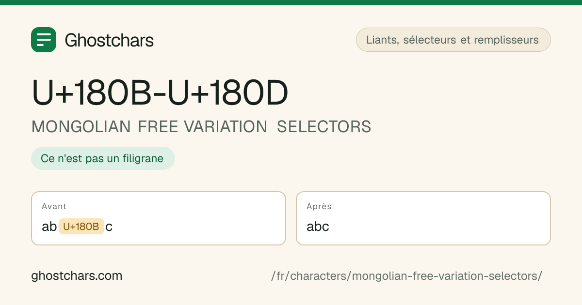 MONGOLIAN FREE VARIATION SELECTORS (U+180B-U+180D) avant et après nettoyage, le caractère caché affiché sous forme de pastille étiquetée