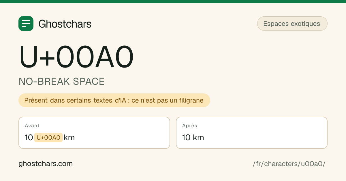 NO-BREAK SPACE (U+00A0) avant et après nettoyage, le caractère caché affiché sous forme de pastille étiquetée