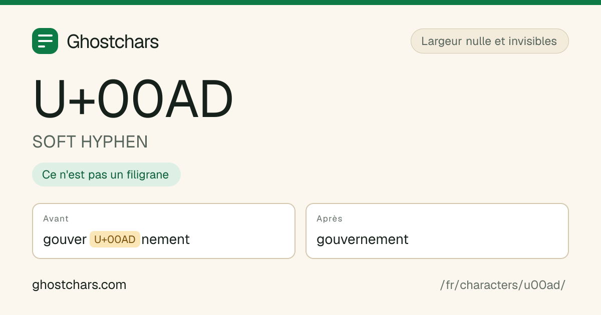 SOFT HYPHEN (U+00AD) avant et après nettoyage, le caractère caché affiché sous forme de pastille étiquetée