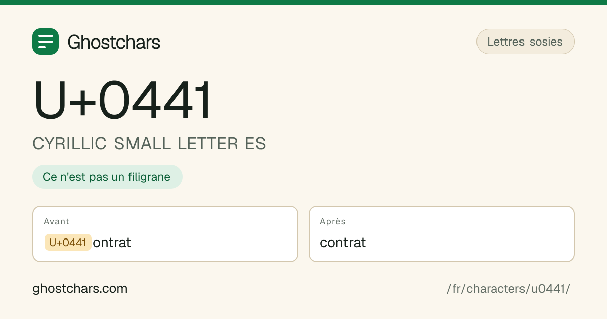 CYRILLIC SMALL LETTER ES (U+0441) avant et après nettoyage, le caractère caché affiché sous forme de pastille étiquetée