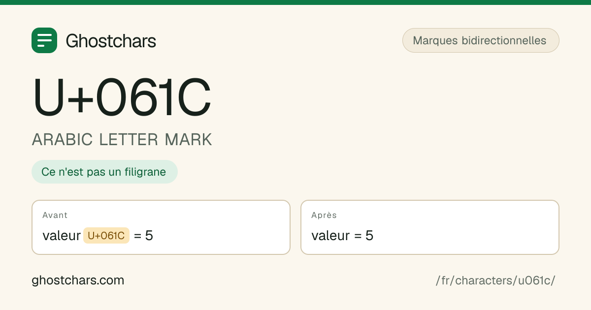 ARABIC LETTER MARK (U+061C) avant et après nettoyage, le caractère caché affiché sous forme de pastille étiquetée