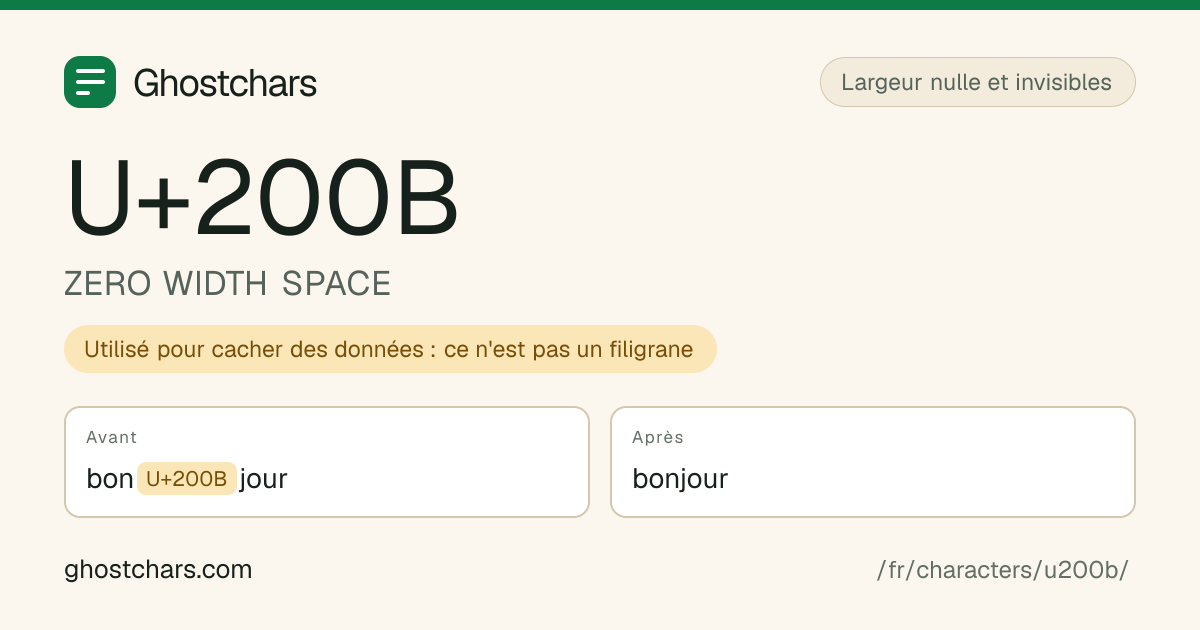 ZERO WIDTH SPACE (U+200B) avant et après nettoyage, le caractère caché affiché sous forme de pastille étiquetée