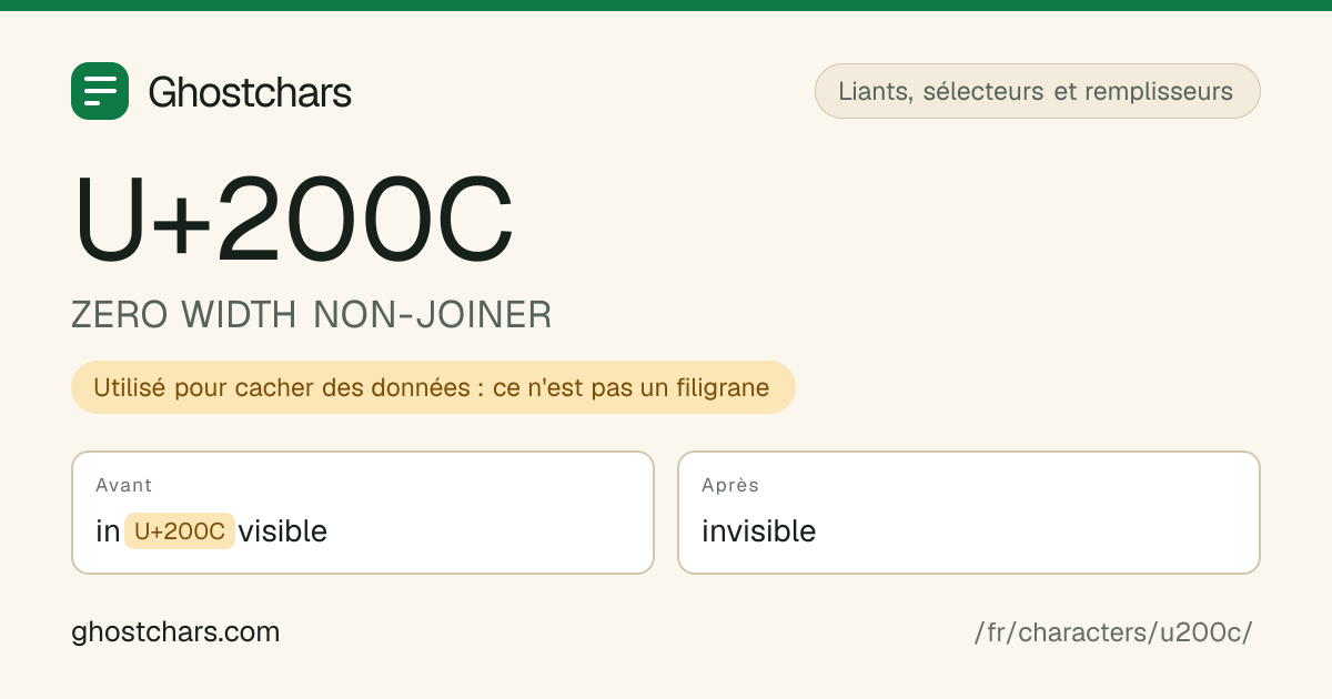ZERO WIDTH NON-JOINER (U+200C) avant et après nettoyage, le caractère caché affiché sous forme de pastille étiquetée