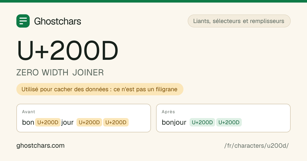 ZERO WIDTH JOINER (U+200D) avant et après nettoyage, le caractère caché affiché sous forme de pastille étiquetée