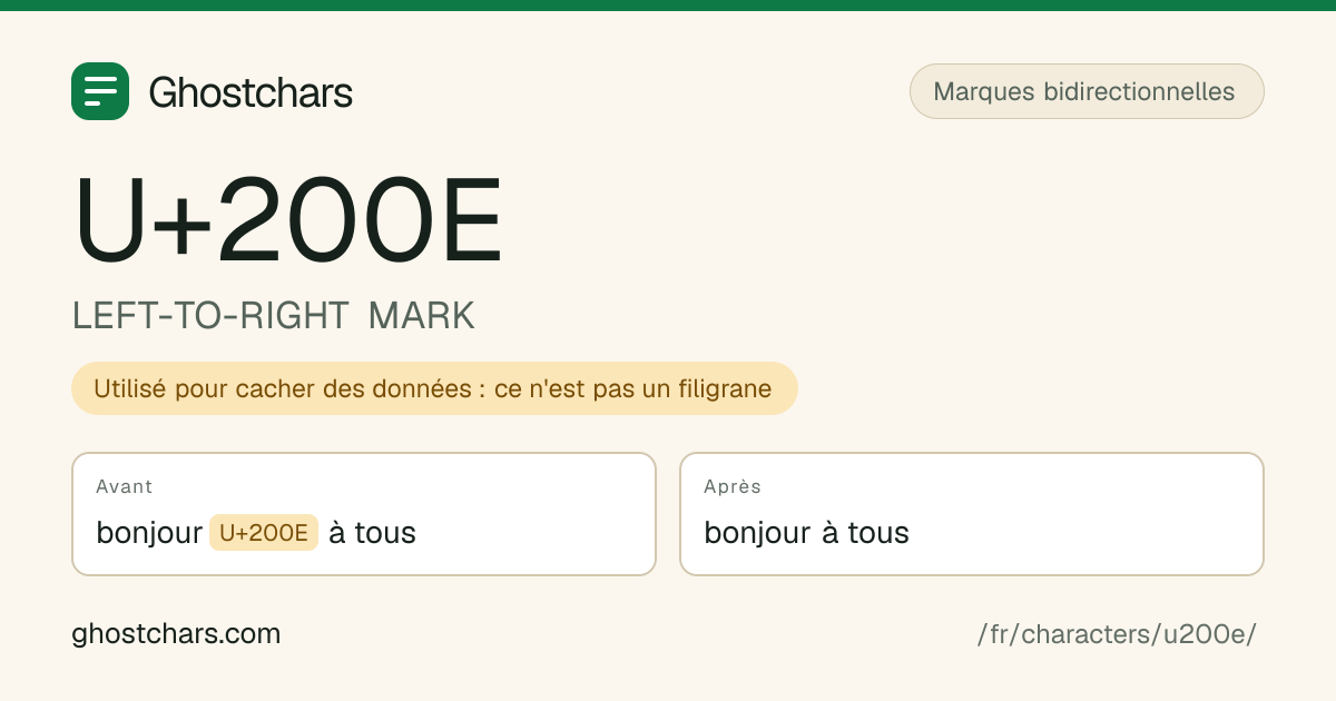 LEFT-TO-RIGHT MARK (U+200E) avant et après nettoyage, le caractère caché affiché sous forme de pastille étiquetée
