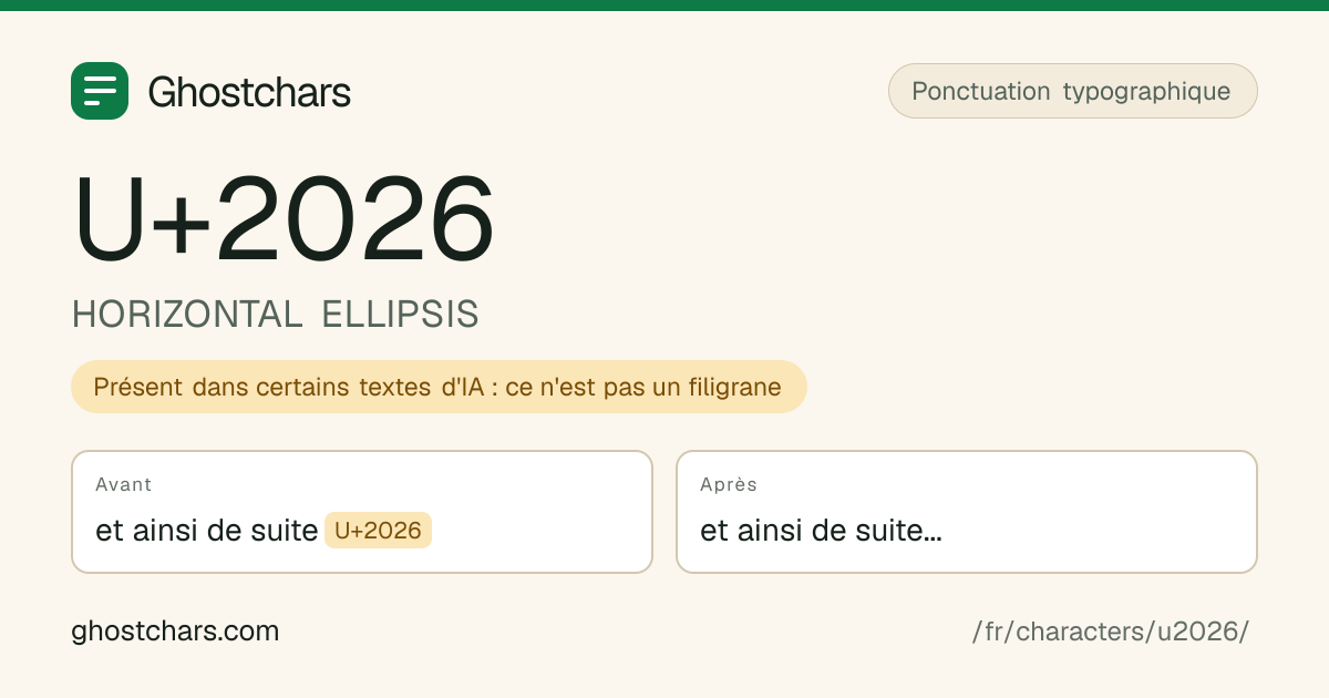 HORIZONTAL ELLIPSIS (U+2026) avant et après nettoyage, le caractère caché affiché sous forme de pastille étiquetée