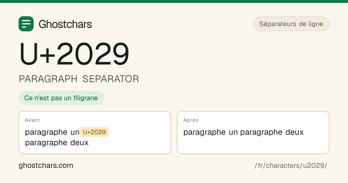 PARAGRAPH SEPARATOR (U+2029) avant et après nettoyage, le caractère caché affiché sous forme de pastille étiquetée