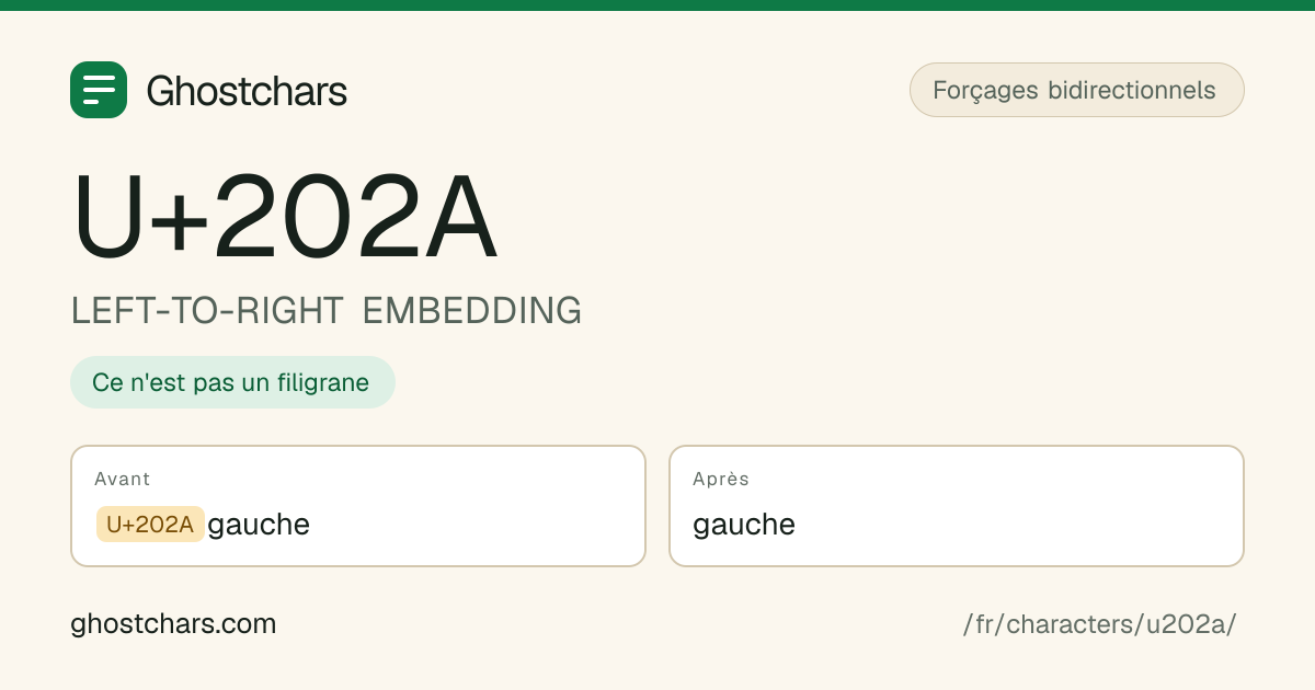 LEFT-TO-RIGHT EMBEDDING (U+202A) avant et après nettoyage, le caractère caché affiché sous forme de pastille étiquetée