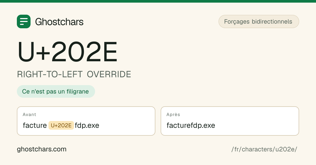 RIGHT-TO-LEFT OVERRIDE (U+202E) avant et après nettoyage, le caractère caché affiché sous forme de pastille étiquetée