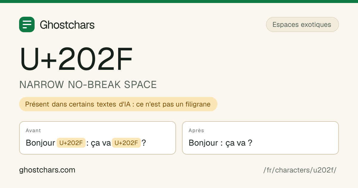 NARROW NO-BREAK SPACE (U+202F) avant et après nettoyage, le caractère caché affiché sous forme de pastille étiquetée