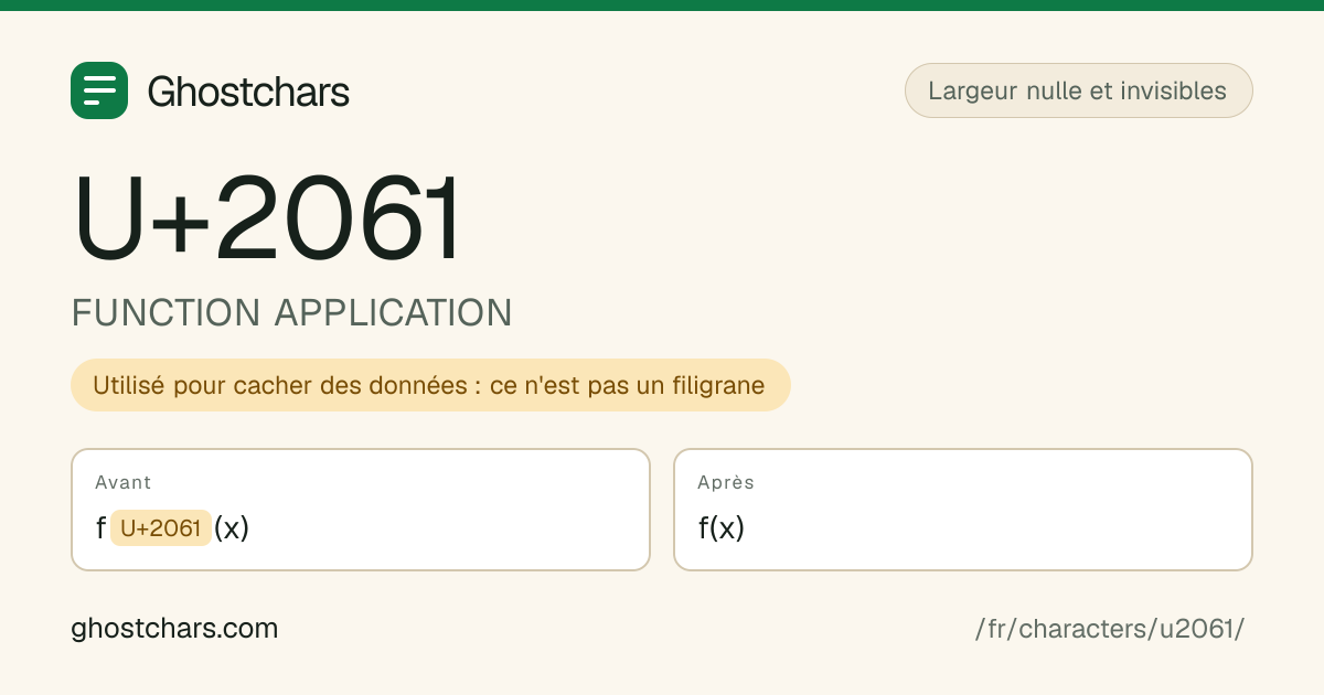 FUNCTION APPLICATION (U+2061) avant et après nettoyage, le caractère caché affiché sous forme de pastille étiquetée