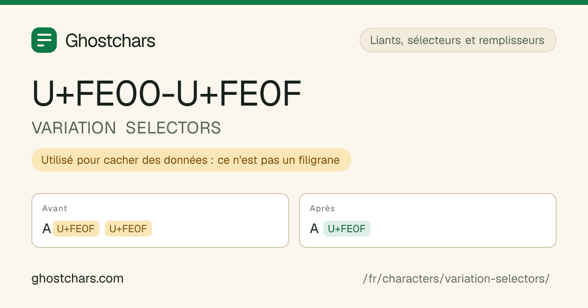 VARIATION SELECTORS (U+FE00-U+FE0F) avant et après nettoyage, le caractère caché affiché sous forme de pastille étiquetée